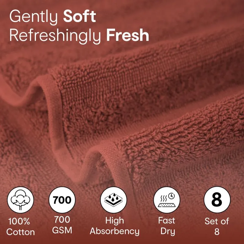 Anko Australia 100% Cotton 700 GSM Ribbed Hand Towel | Set of 8 | Super-Soft, Absorbent, Quick-Drying | Rust Towel for Men, Women & Kids | 60x40 cm |Travel, Gym, Spa Towel