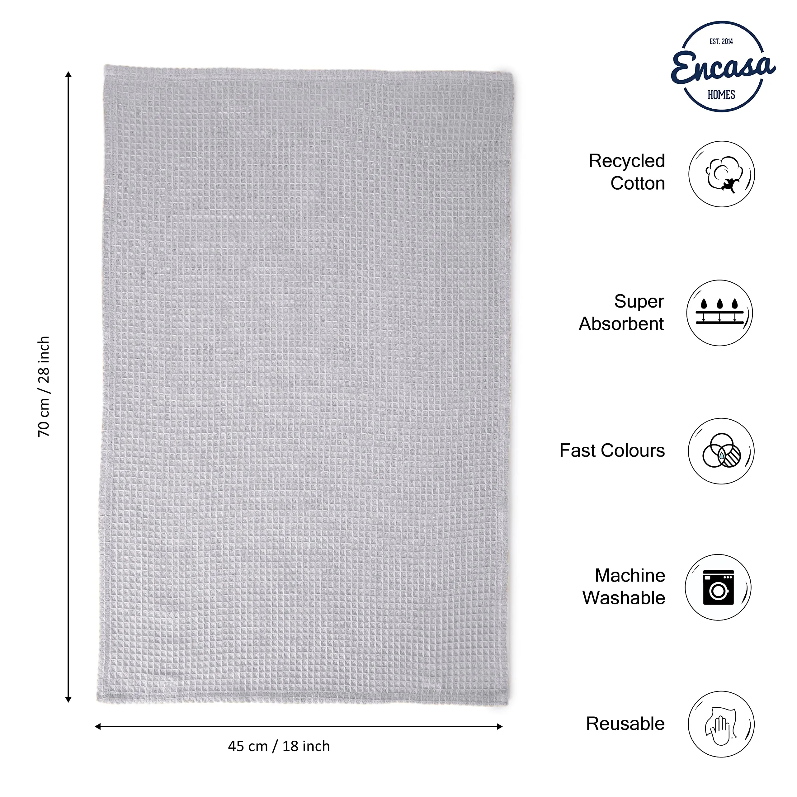 Encasa Homes Anti-Bacterial Kitchen Dish Towels X-Large 18 x 28 inch (4pc Set) Highly Absorbent Waffle Cloth Teatowel for Cleaning & Quick Drying of Plates & Glasses, Eco-Friendly Cotton - Light Grey