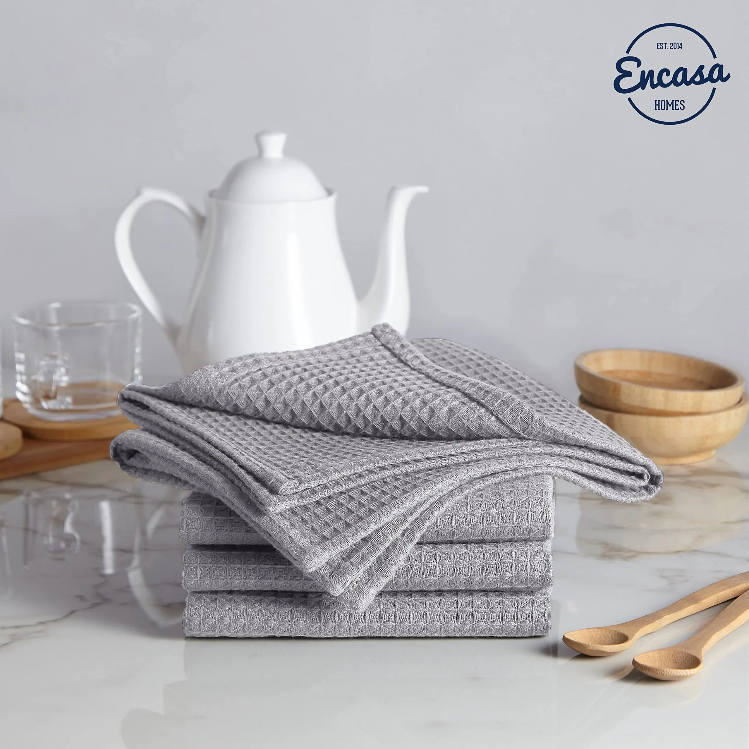 Encasa Homes Anti-Bacterial Kitchen Dish Towels X-Large 18 x 28 inch (4pc Set) Highly Absorbent Waffle Cloth Teatowel for Cleaning & Quick Drying of Plates & Glasses, Eco-Friendly Cotton - Light Grey