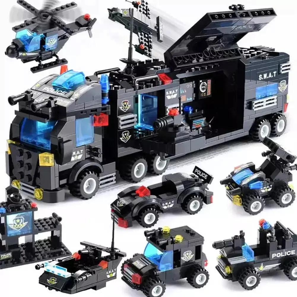 MOC  Compatible  825 PCS Creative City Police Building Blocks 8 in 1/6 In 1 Robot Helicopter Police Station Figures Blocks DIY Bricks Kids Toys