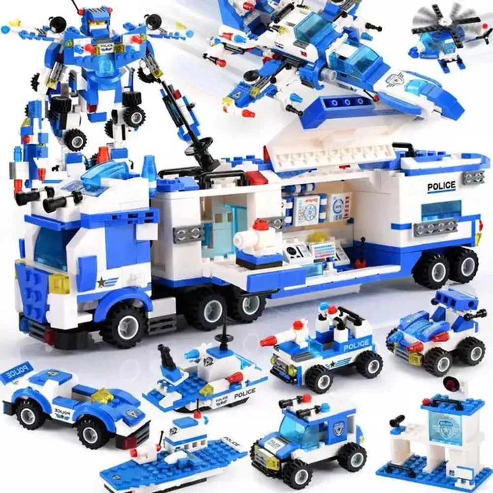 MOC  Compatible  825 PCS Creative City Police Building Blocks 8 in 1/6 In 1 Robot Helicopter Police Station Figures Blocks DIY Bricks Kids Toys