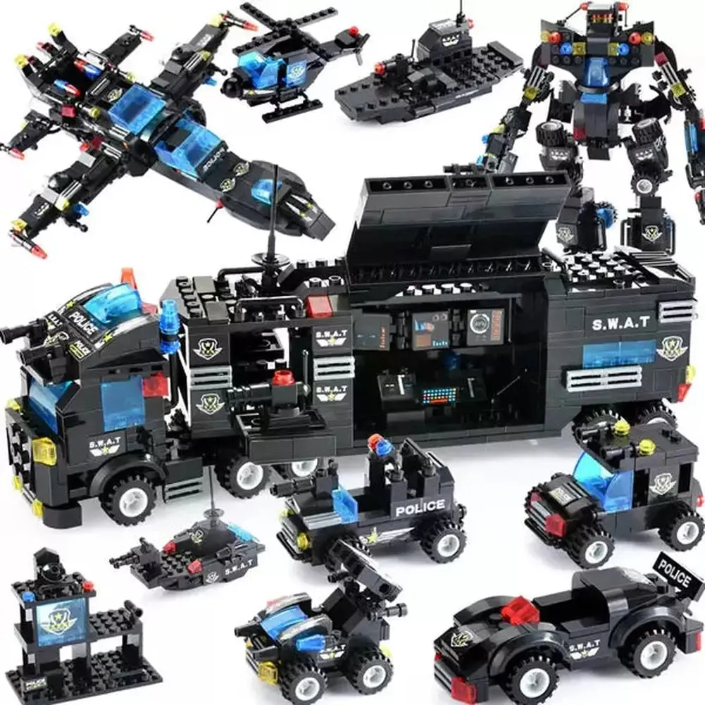 MOC  Compatible  825 PCS Creative City Police Building Blocks 8 in 1/6 In 1 Robot Helicopter Police Station Figures Blocks DIY Bricks Kids Toys