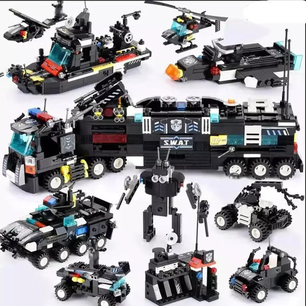 MOC  Compatible  825 PCS Creative City Police Building Blocks 8 in 1/6 In 1 Robot Helicopter Police Station Figures Blocks DIY Bricks Kids Toys